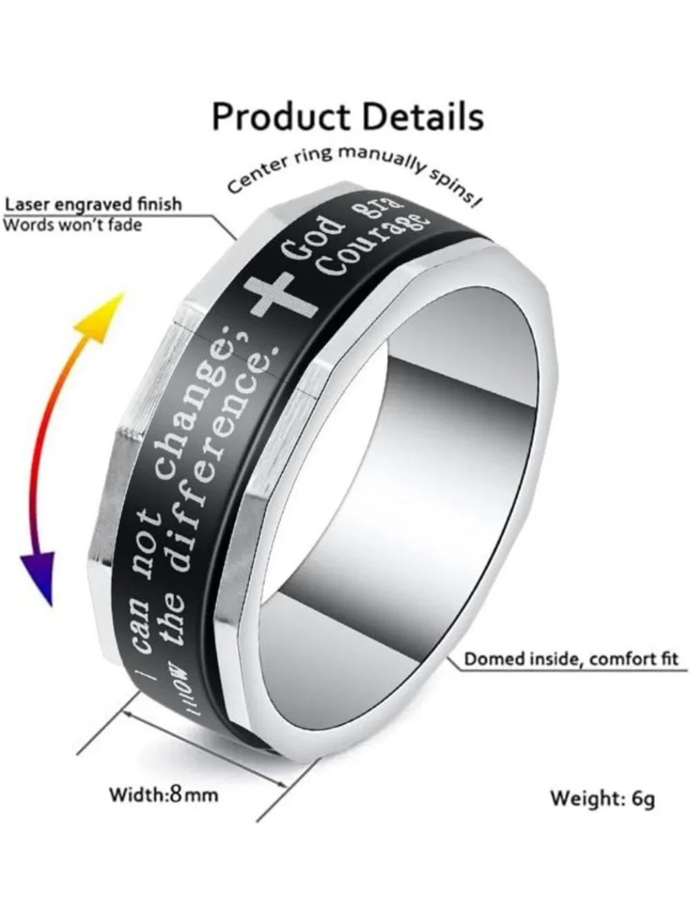 Engraved Serenity Prayer Spinner Ring - Titanium Steel Faith Jewelry for All